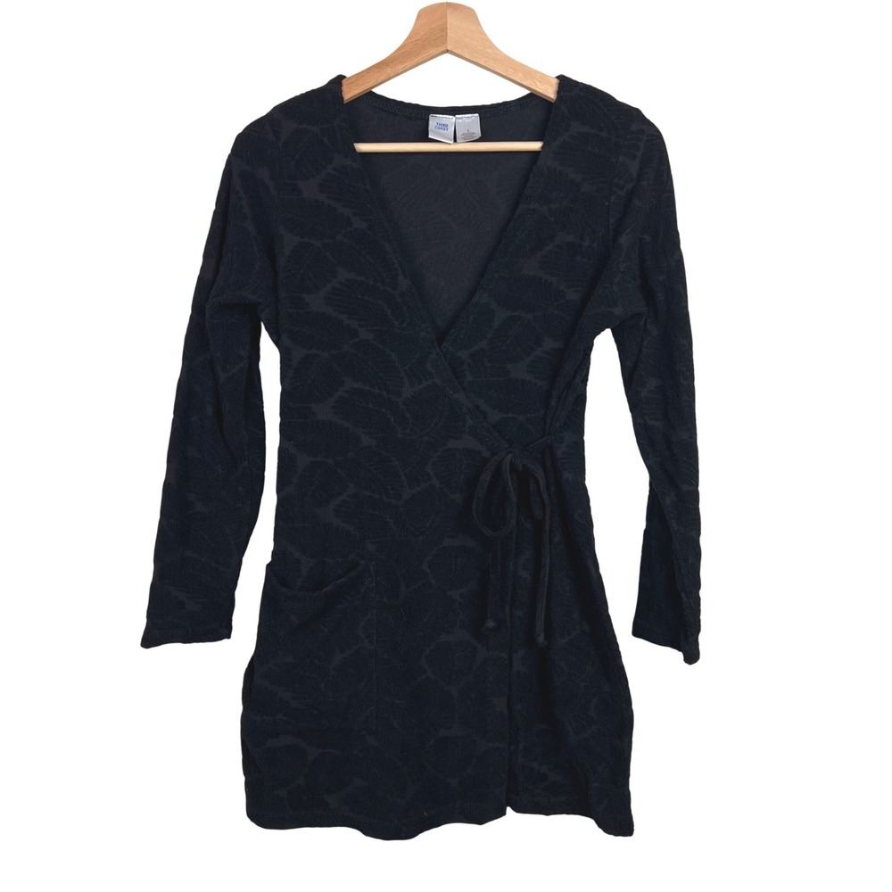 Third Coast Black Textured Leaf‎ Print Wrap Tunic/Dress Long Sleeve Size Small